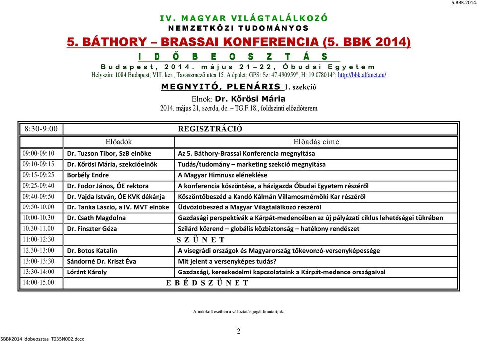 szekció Kőrösi Mária 2014. május 21, szerda, de. TG.F.18., földszinti előadóterem 8:30-9:00 REGISZTRÁCIÓ Előadók 009:10 Tuzson Tibor, SzB elnöke Az 5.