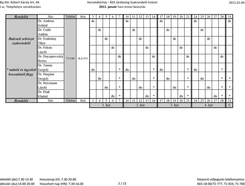 Tamás * műtéti és ügyeleti Gergely du * du * du * du * beosztástól függ Dr. Hargitai Gergely du * du * du * du * * Dr.