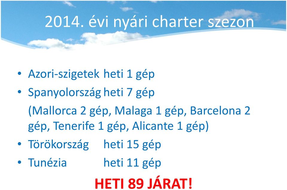 gép, Barcelona 2 gép, Tenerife 1 gép, Alicante 1 gép)