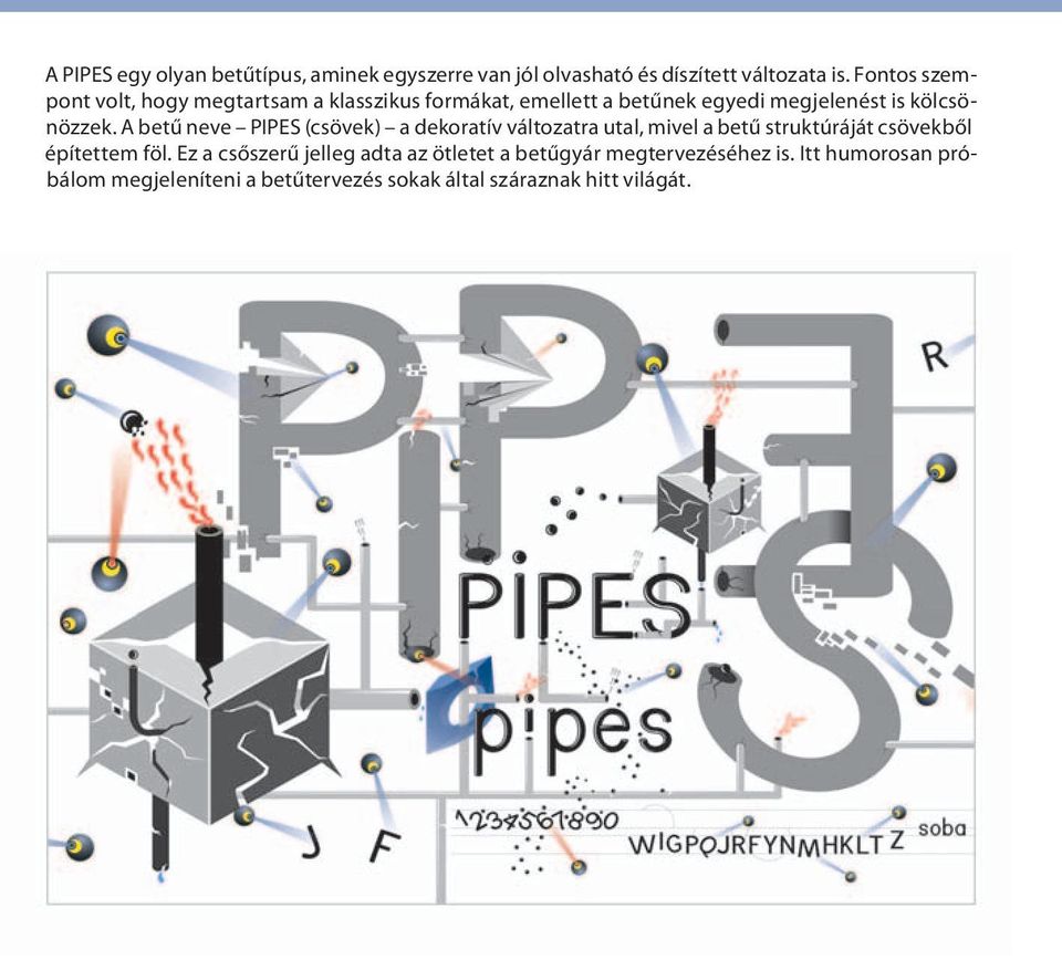 A betű neve PIPES (csövek) a dekoratív változatra utal, mivel a betű struktúráját csövekből építettem föl.