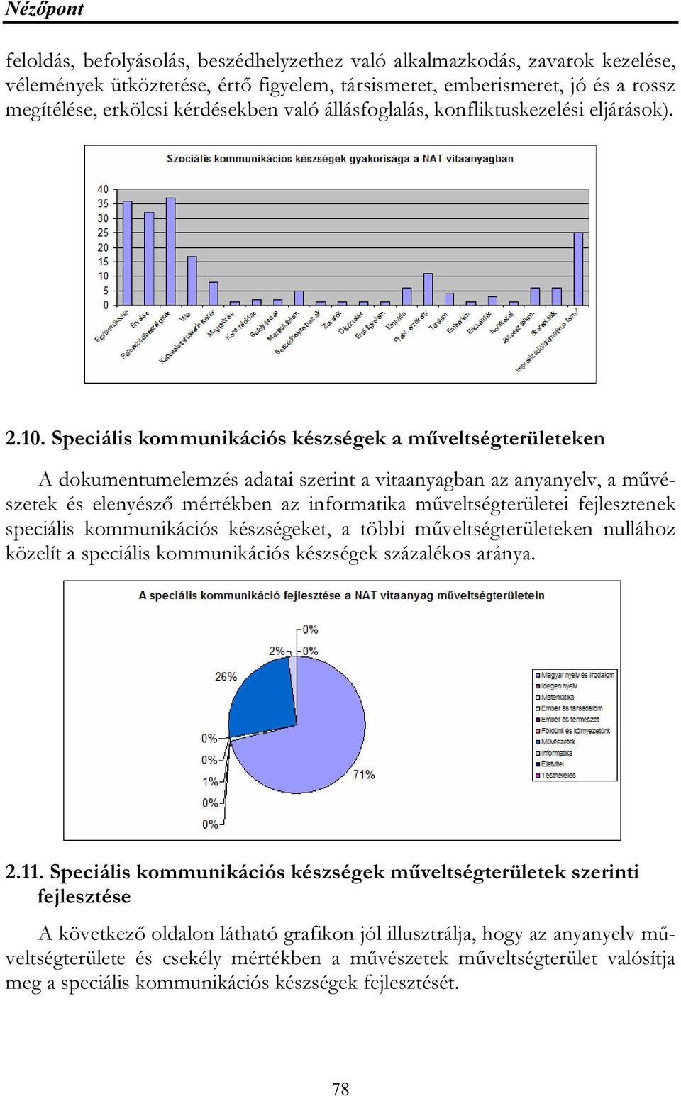 Speciális kommunikációs készségek a műveltségterületeken A dokumentumelemzés adatai szerint a vitaanyagban az anyanyelv, a művészetek és elenyésző mértékben az informatika műveltségterületei