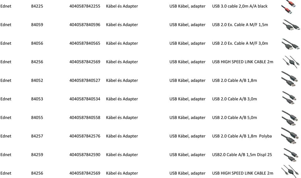 Cable A M/F 3,0m Ednet 84256 4040587842569 Kábel és Adapter USB Kábel, USB HIGH SPEED LINK CABLE 2m Ednet 84052 4040587840527 Kábel és Adapter USB Kábel, USB 2.