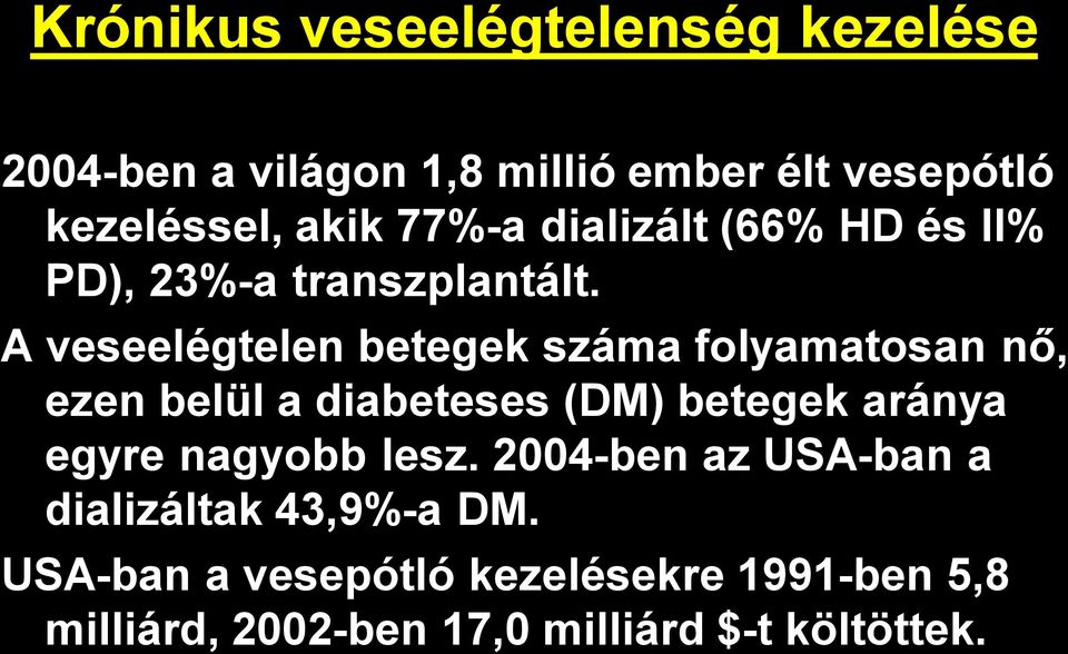 A veseelégtelen betegek száma folyamatosan nő, ezen belül a diabeteses (DM) betegek aránya egyre