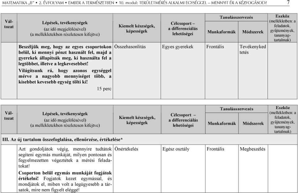 Világítsunk rá, hogy azonos egységgel mérve a nagyobb mennyiséget több, a kisebbet kevesebb egység tölti ki! 15 perc Összehasonlítás Egyes gyerekek Frontális Tevékenyked tetés III.