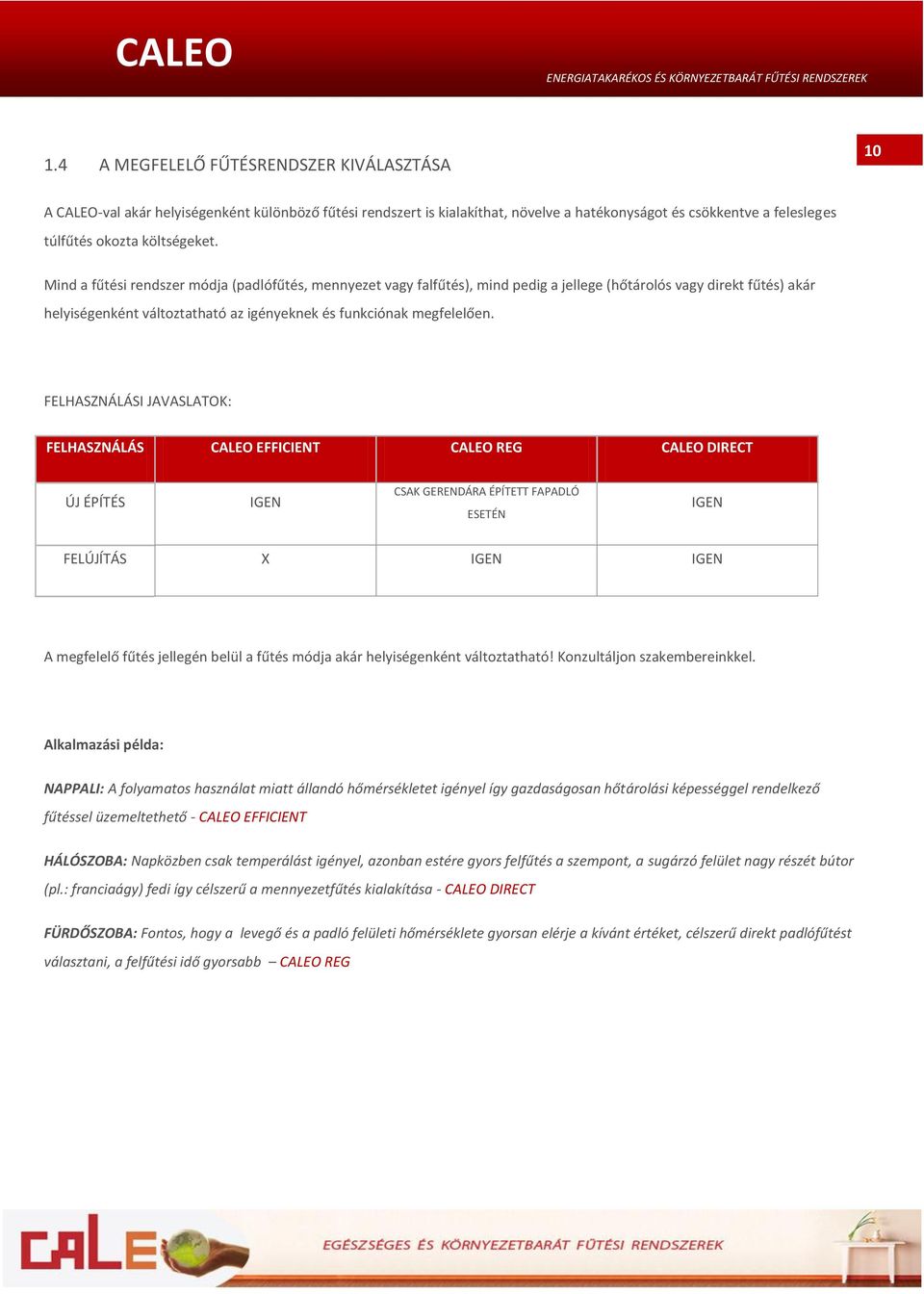 FELHASZNÁLÁSI JAVASLATOK: FELHASZNÁLÁS CALEO EFFICIENT CALEO REG CALEO DIRECT ÚJ ÉPÍTÉS IGEN CSAK GERENDÁRA ÉPÍTETT FAPADLÓ ESETÉN IGEN FELÚJÍTÁS X IGEN IGEN A megfelelő fűtés jellegén belül a fűtés