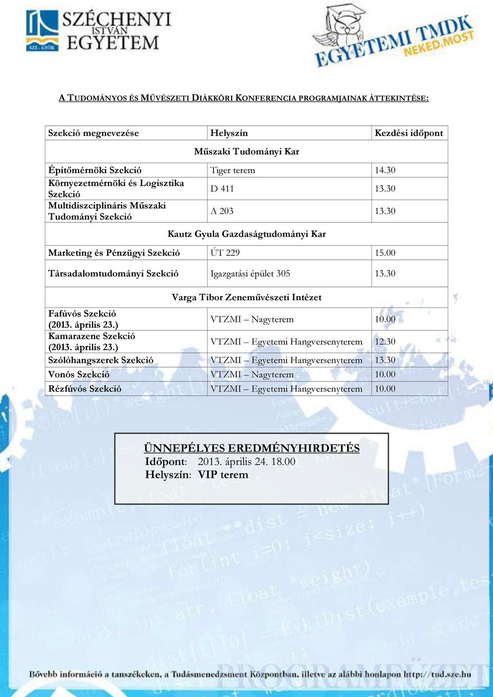 00 Társadalomtudományi Szekció Igazgatási épület 305 13.30 Varga Tibor Zeneművészeti Intézet Fafúvós Szekció (2013. április 23.) VTZMI Nagyterem 10.00 Kamarazene Szekció (2013. április 23.) VTZMI Egyetemi Hangversenyterem 12.