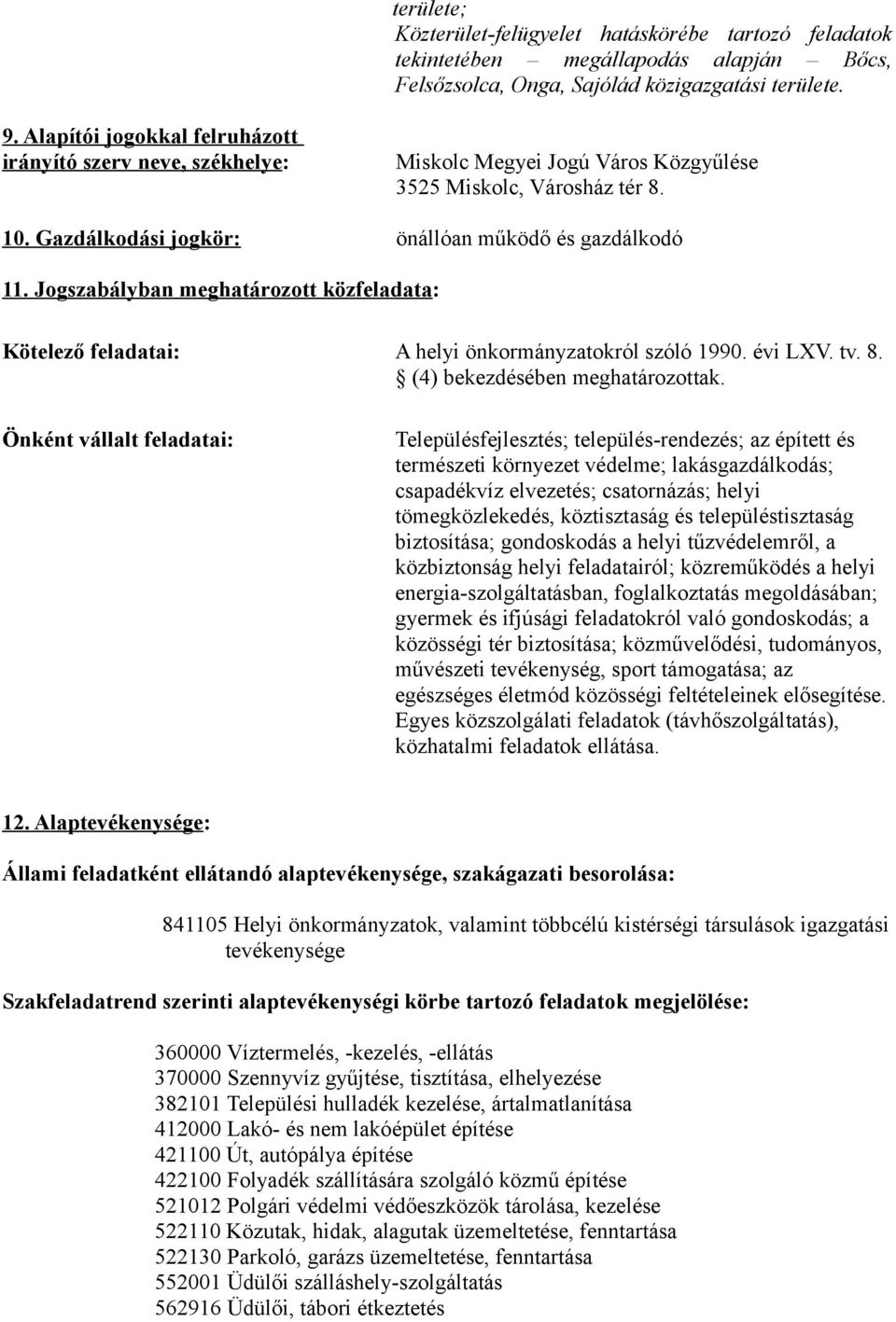 Jogszabályban meghatározott közfeladata: Kötelező feladatai: A helyi önkormányzatokról szóló 1990. évi LXV. tv. 8. (4) bekezdésében meghatározottak.