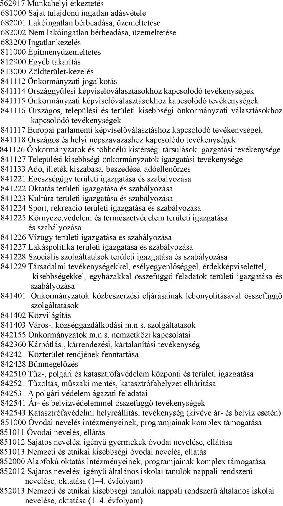 képviselőválasztásokhoz kapcsolódó tevékenységek 841116 Országos, települési és területi kisebbségi önkormányzati választásokhoz kapcsolódó tevékenységek 841117 Európai parlamenti