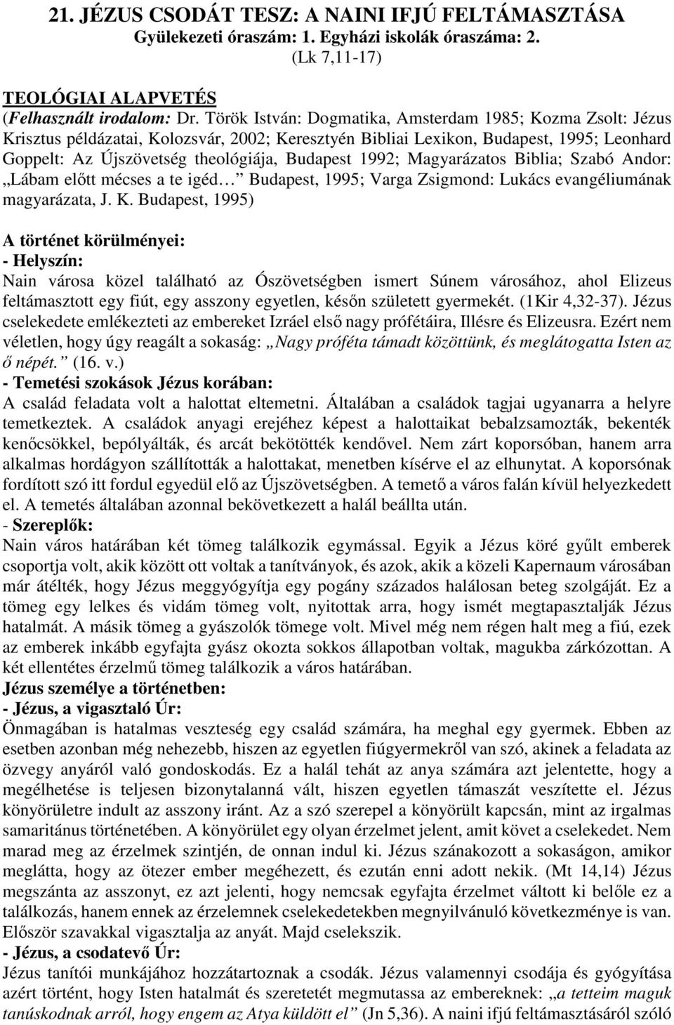 1992; Magyarázatos Biblia; Szabó Andor: Lábam előtt mécses a te igéd Budapest, 1995; Varga Zsigmond: Lukács evangéliumának magyarázata, J. K.