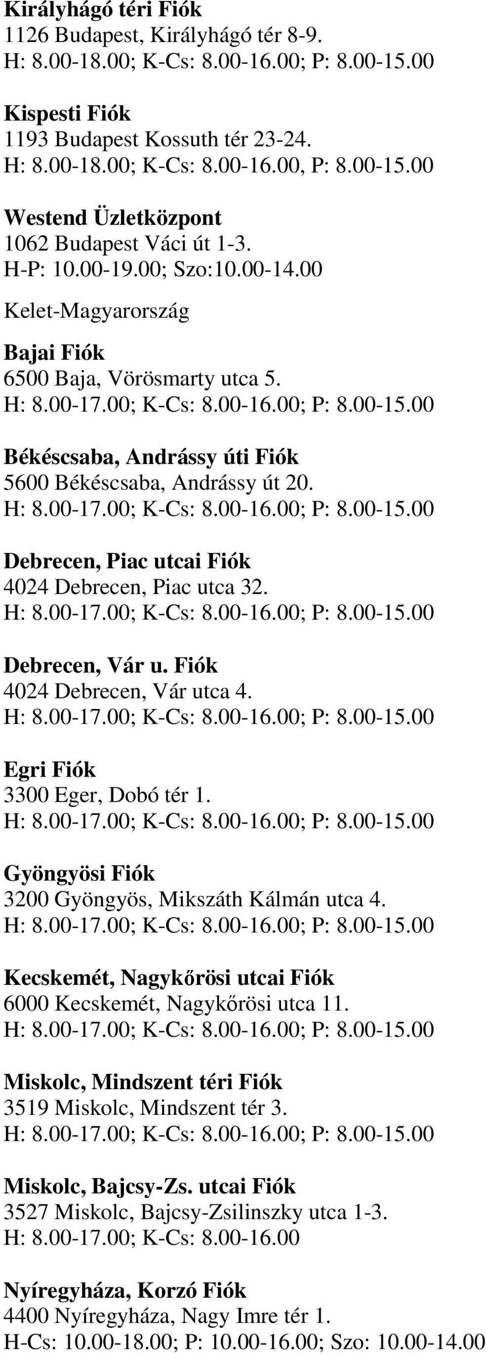 Debrecen, Piac utcai Fiók 4024 Debrecen, Piac utca 32. Debrecen, Vár u. Fiók 4024 Debrecen, Vár utca 4. Egri Fiók 3300 Eger, Dobó tér 1. Gyöngyösi Fiók 3200 Gyöngyös, Mikszáth Kálmán utca 4.