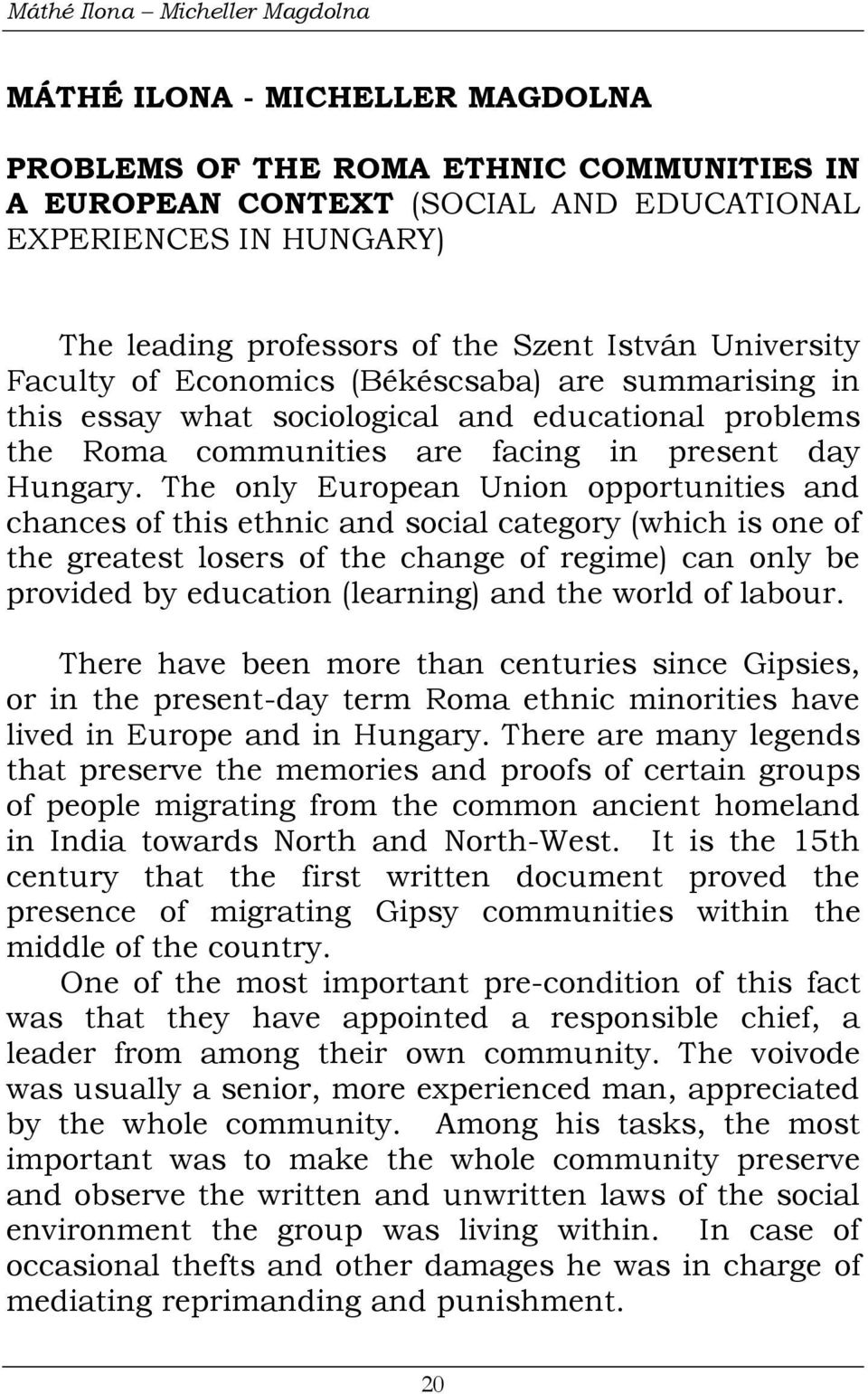 The only European Union opportunities and chances of this ethnic and social category (which is one of the greatest losers of the change of regime) can only be provided by education (learning) and the