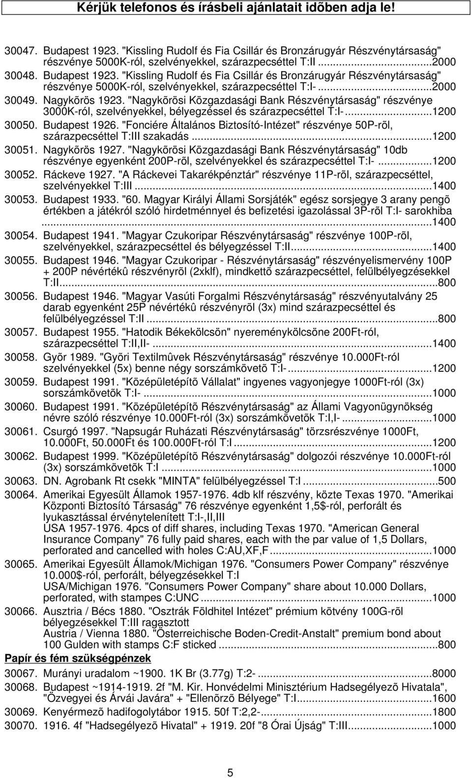 "Kissling Rudolf és Fia Csillár és Bronzárugyár Részvénytársaság" részvénye 5000K-ról, szelvényekkel, szárazpecséttel T:I-...2000 30049. Nagykõrös 1923.