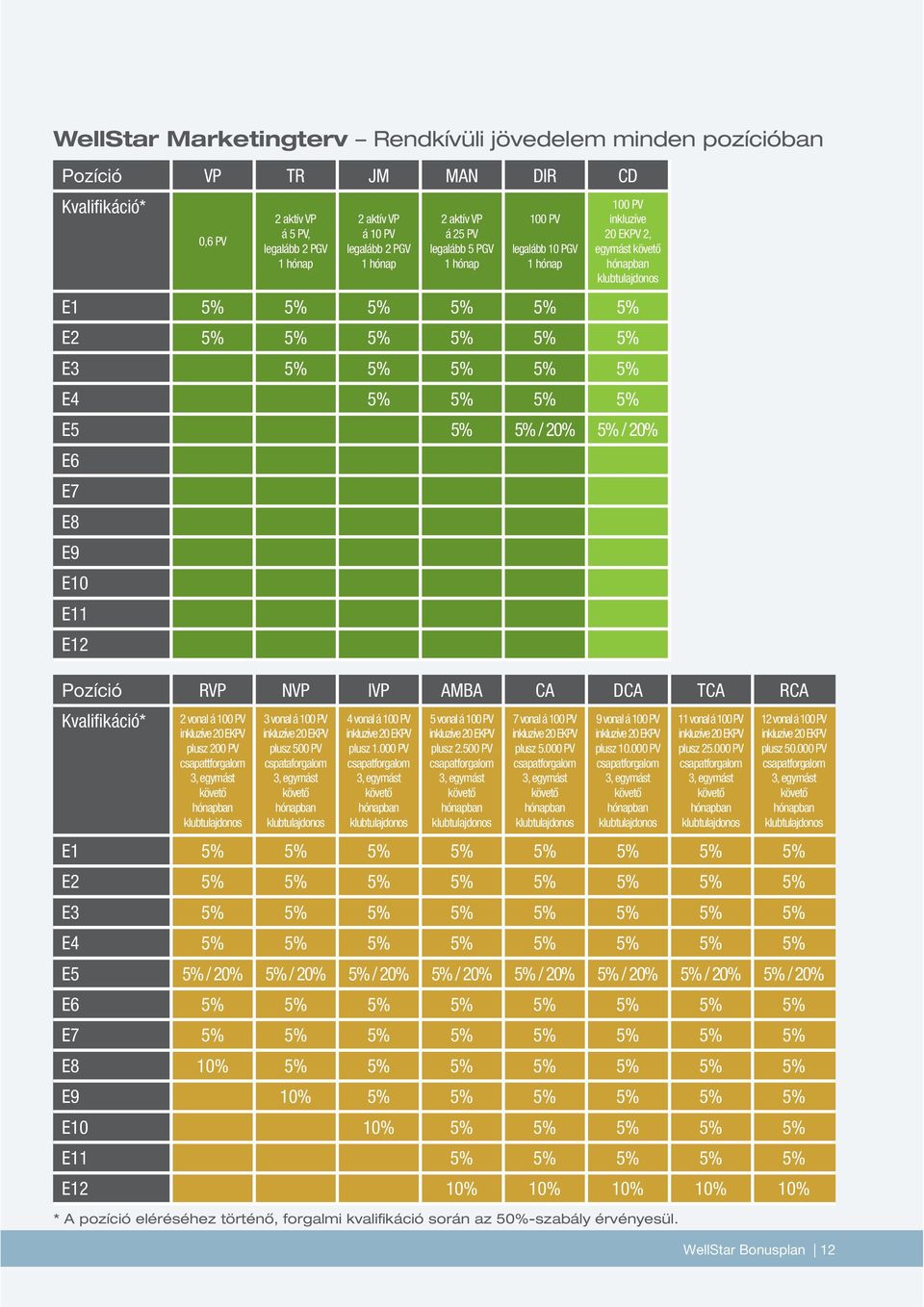 E10 E11 E12 Pozíció RVP NVP IVP AMBA CA DCA TCA RCA Kvalifikáció* 2 vonal á 100 PV inkluzíve 20 EKPV plusz 200 PV csapattforgalom 3, egymást követő hónapban klubtulajdonos 3 vonal á 100 PV inkluzíve