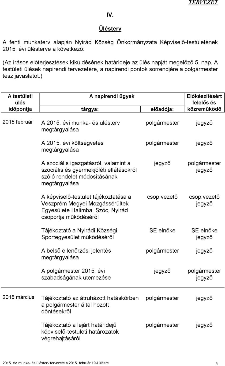 ) A testületi ülés időpontja A napirendi ügyek tárgya: előadója: Előkészítésért felelős és közreműködő 2015 február A 2015. évi munka- és ülésterv A 2015.