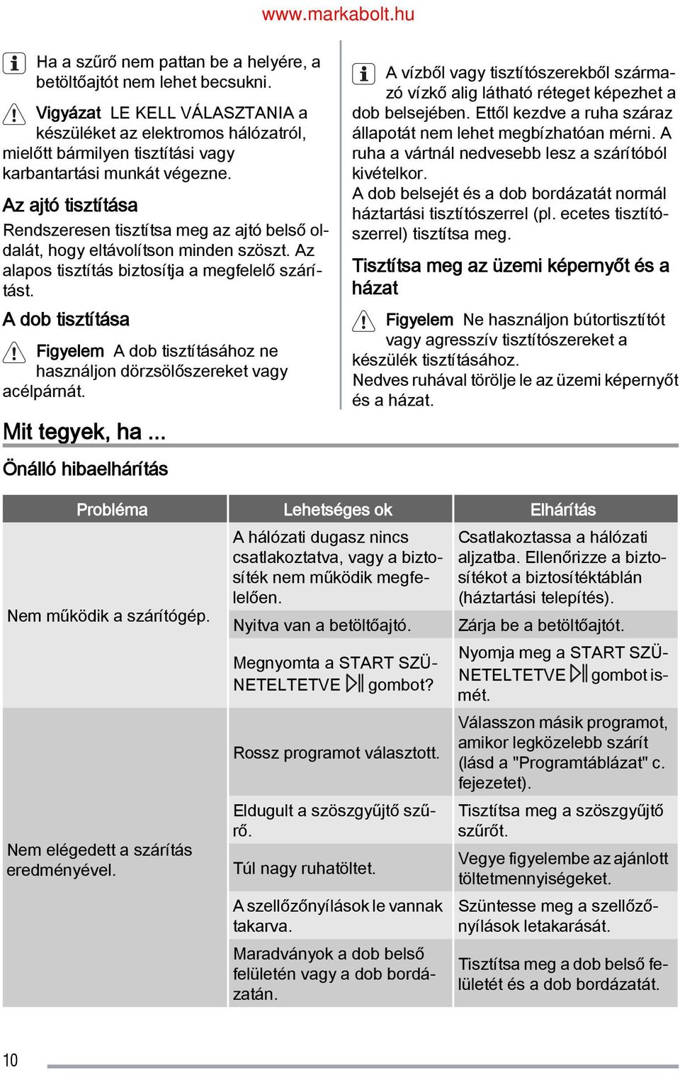Az ajtó tisztítása Rendszeresen tisztítsa meg az ajtó belső ol dalát, hogy eltávolítson minden szöszt. Az alapos tisztítás biztosítja a megfelelő szárí tást.