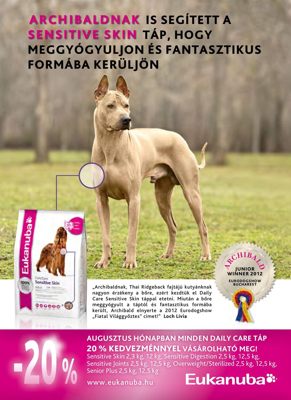 Miután a bőre meggyógyult a táptól és fantasztikus formába került, Archibald elnyerte a 2012 Eurodogshow Fiatal Világgyőztes címet!