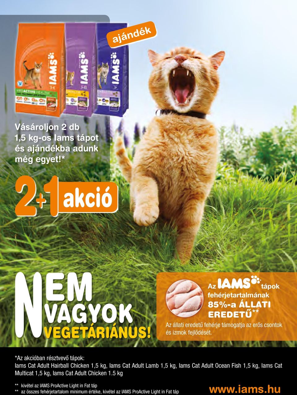 *Az akcióban résztvevő tápok: Iams Cat Adult Hairball Chicken 1,5 kg, Iams Cat Adult Lamb 1,5 kg, Iams Cat Adult Ocean Fish 1,5 kg, Iams Cat