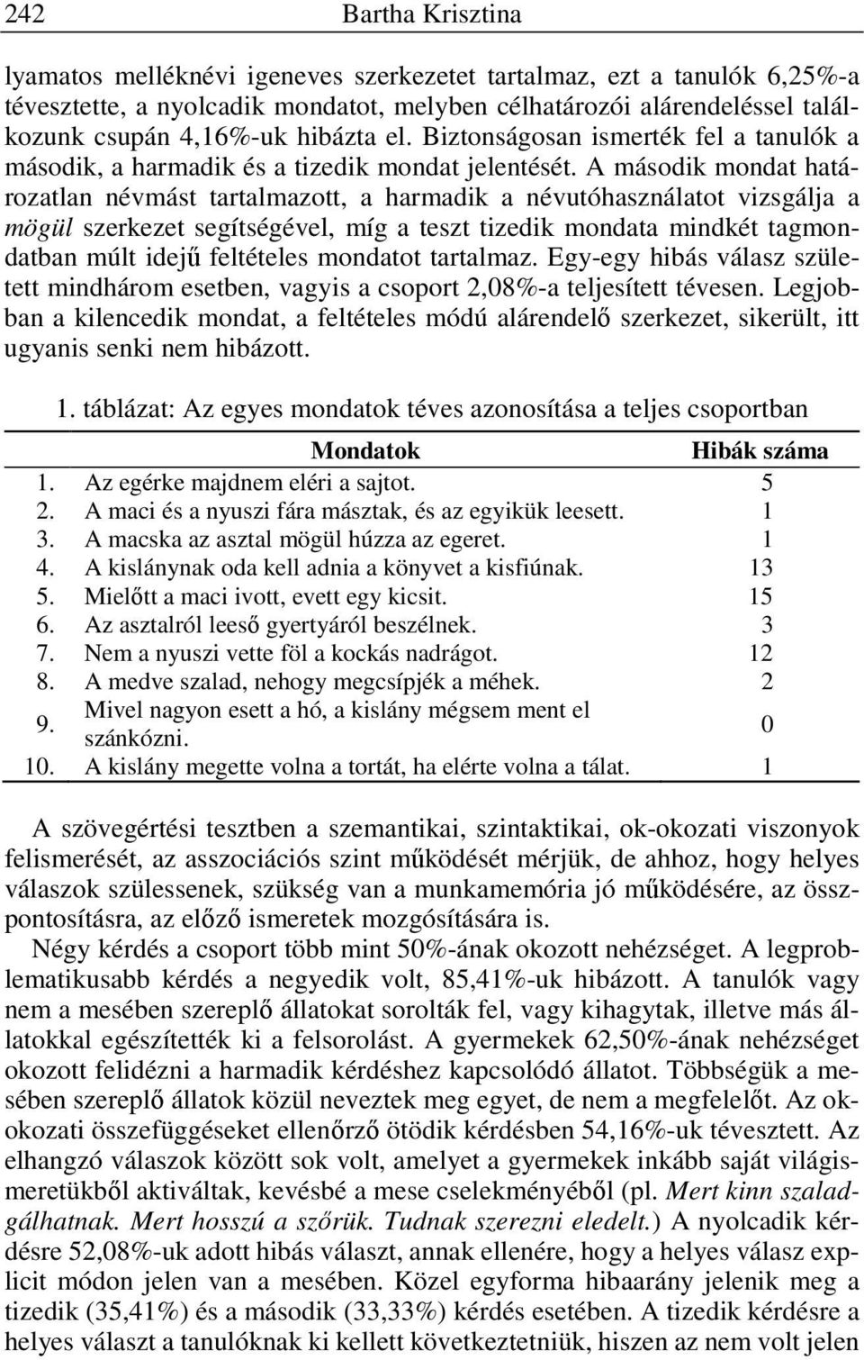 A második mondat határozatlan névmást tartalmazott, a harmadik a névutóhasználatot vizsgálja a mögül szerkezet segítségével, míg a teszt tizedik mondata mindkét tagmondatban múlt idejű feltételes