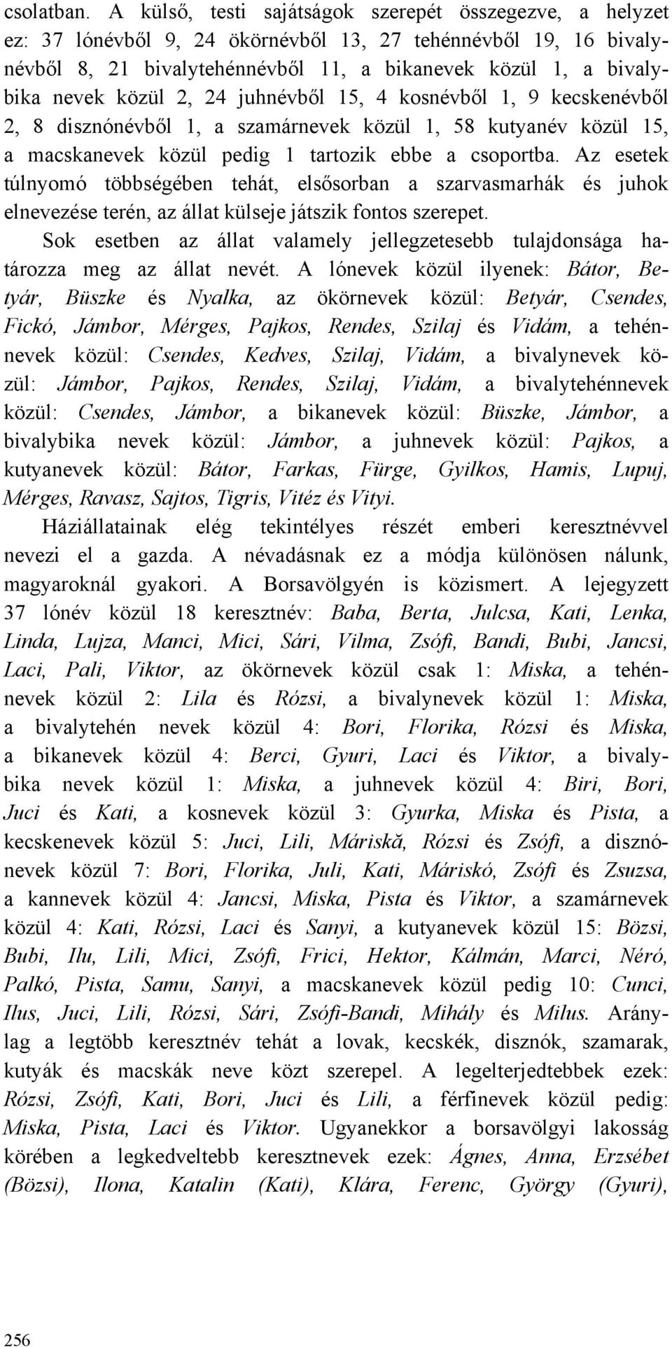 közül 2, 24 juhnévből 15, 4 kosnévből 1, 9 kecskenévből 2, 8 disznónévből 1, a szamárnevek közül 1, 58 kutyanév közül 15, a macskanevek közül pedig 1 tartozik ebbe a csoportba.