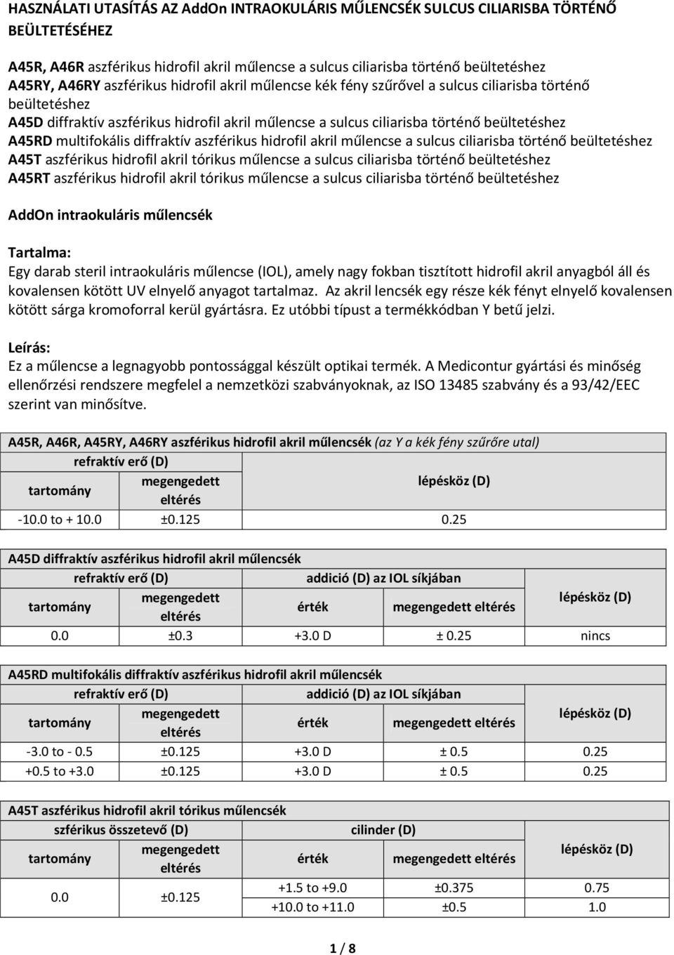 multifokális diffraktív aszférikus hidrofil akril műlencse a sulcus ciliarisba történő beültetéshez A45T aszférikus hidrofil akril tórikus műlencse a sulcus ciliarisba történő beültetéshez A45RT