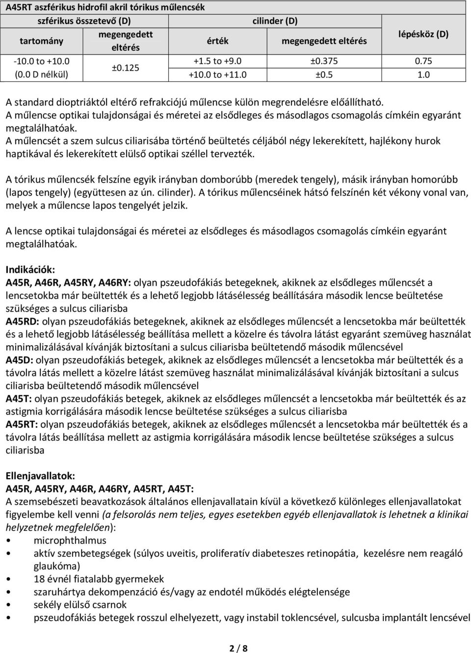 A műlencse optikai tulajdonságai és méretei az elsődleges és másodlagos csomagolás címkéin egyaránt megtalálhatóak.