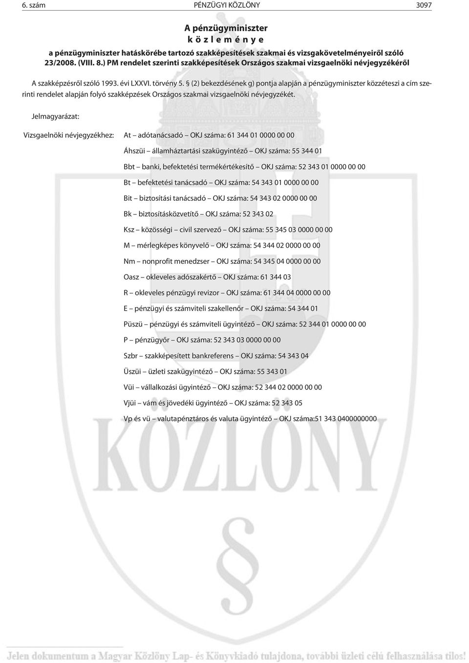 (2) bekezdésének g) pontja alapján a pénzügyminiszter közzéteszi a cím szerinti rendelet alapján folyó szakképzések Országos szakmai vizsgaelnöki névjegyzékét.