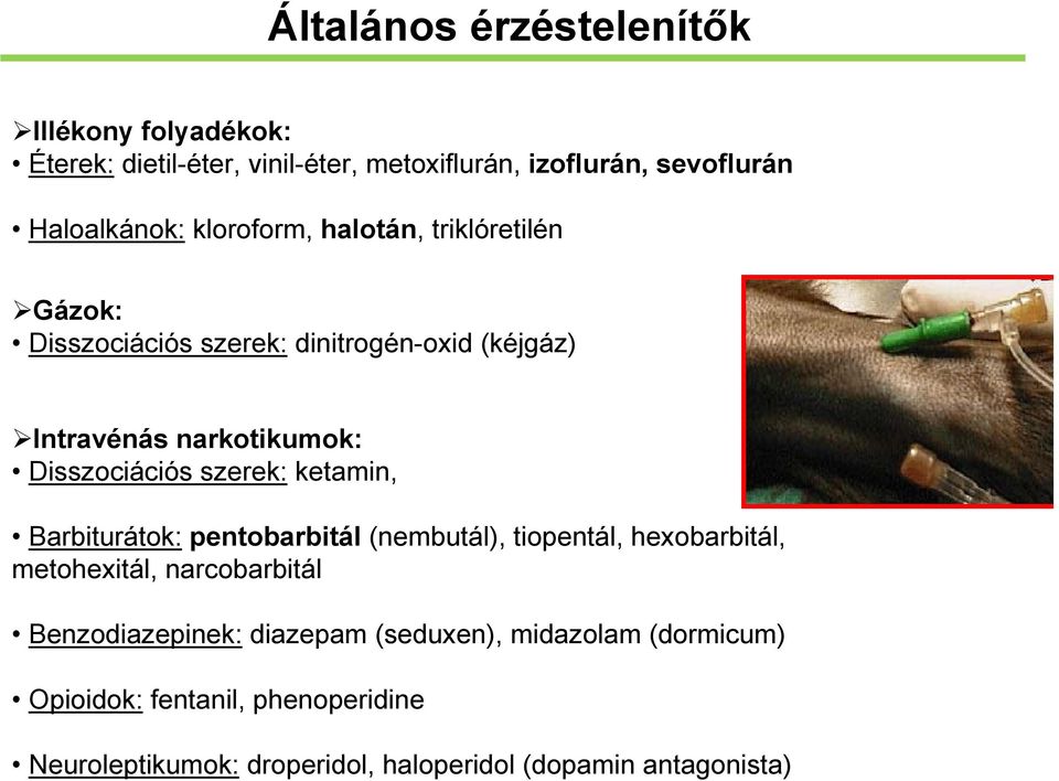 szerek: ketamin, Barbiturátok: pentobarbitál (nembutál), tiopentál, hexobarbitál, metohexitál, narcobarbitál Benzodiazepinek: