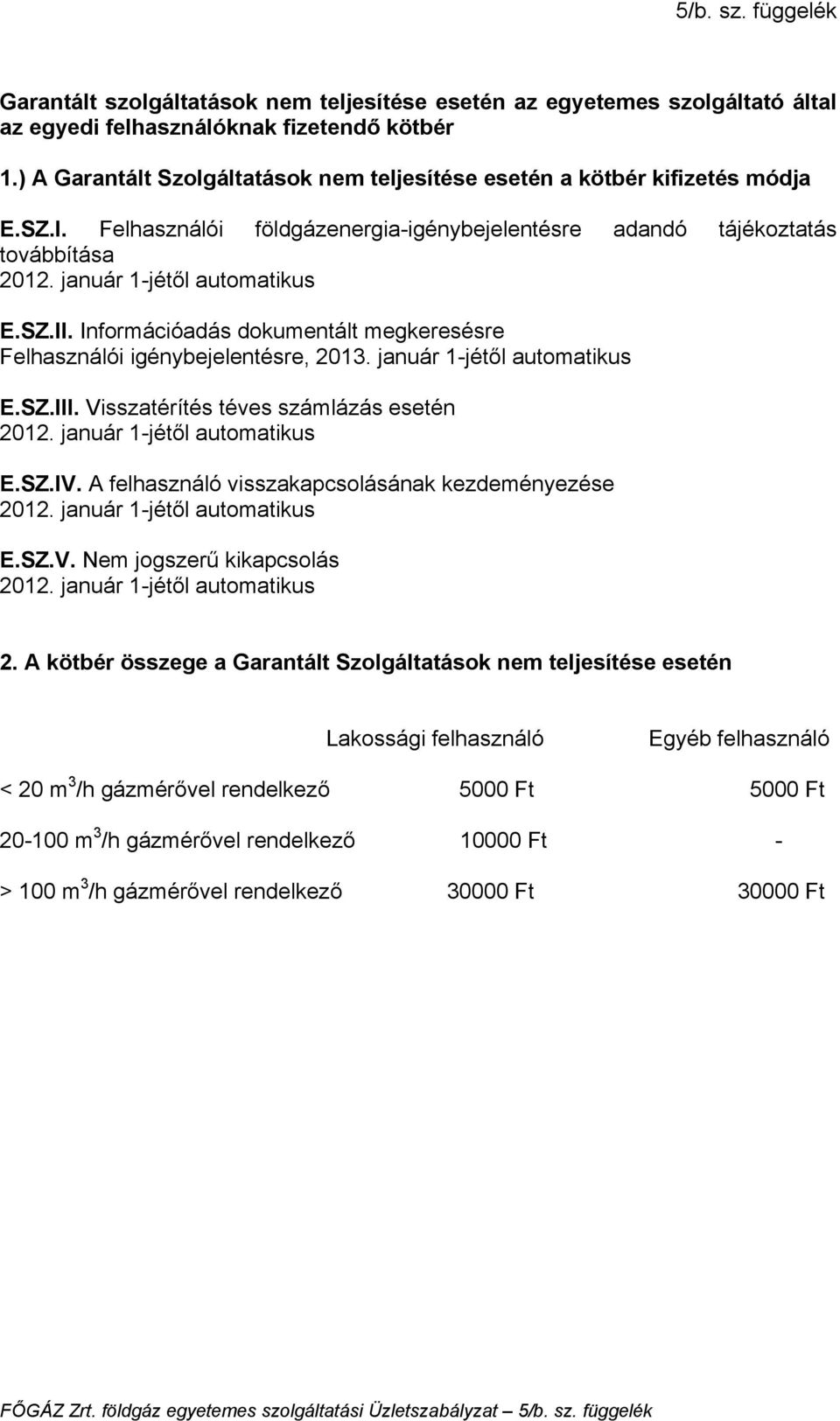 SZ.II. Információadás dokumentált megkeresésre Felhasználói igénybejelentésre, 2013. január 1-jétől automatikus E.SZ.III. Visszatérítés téves számlázás esetén 2012. január 1-jétől automatikus E.SZ.IV.