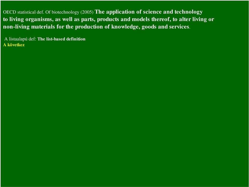 knowledge, goods and services. A listaalapú def: The list-based definition A következ, biotechnológiai tehnikákat felsoroló listát mint magyarázó útjelzést kell tekinteni az egyszer definícióhoz.