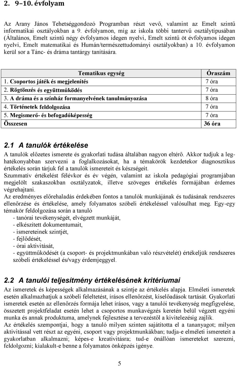 Humán/természettudományi osztályokban) a 10. évfolyamon kerül sor a Tánc- és dráma tantárgy tanítására. Tematikus egység Óraszám 1. Csoportos játék és megjelenítés 7 óra 2.