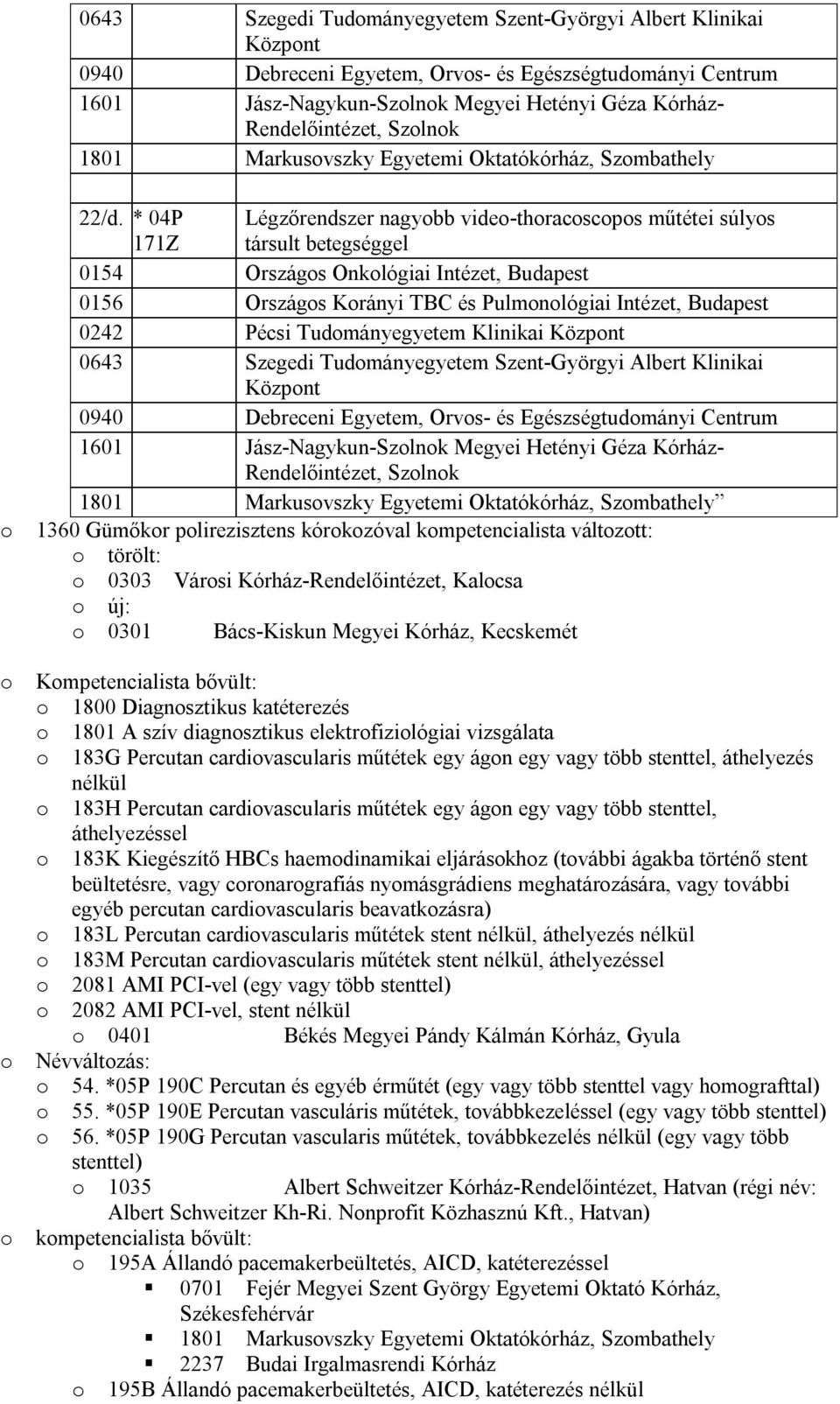 * 04P 171Z Légzőrendszer nagyobb video-thoracoscopos műtétei súlyos társult betegséggel 0154 Országos Onkológiai Intézet, Budapest 0156 Országos Korányi TBC és Pulmonológiai Intézet, Budapest 0242