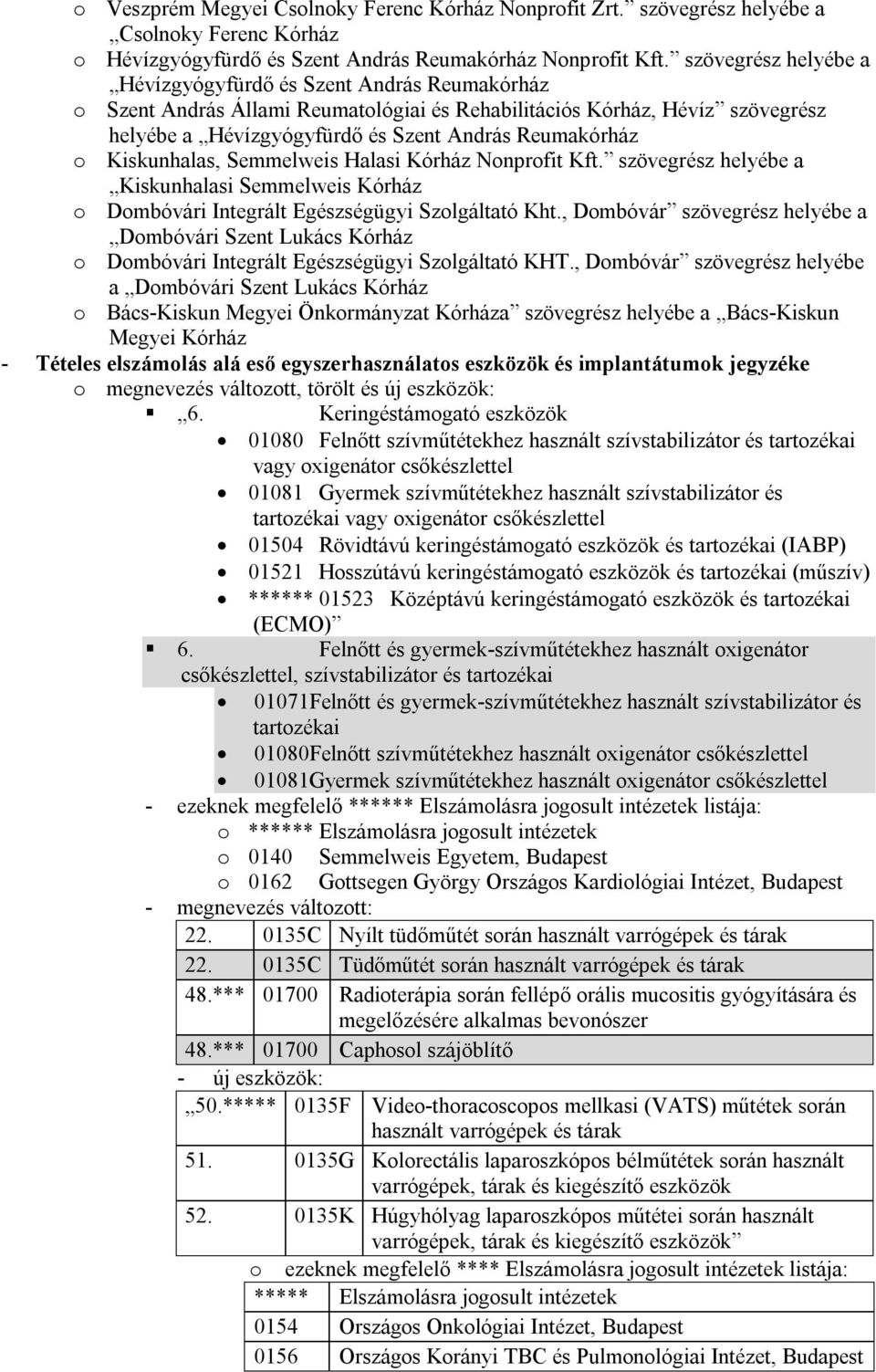 Kiskunhalas, Semmelweis Halasi Kórház Nonprofit Kft. szövegrész helyébe a Kiskunhalasi Semmelweis Kórház o Dombóvári Integrált Egészségügyi Szolgáltató Kht.