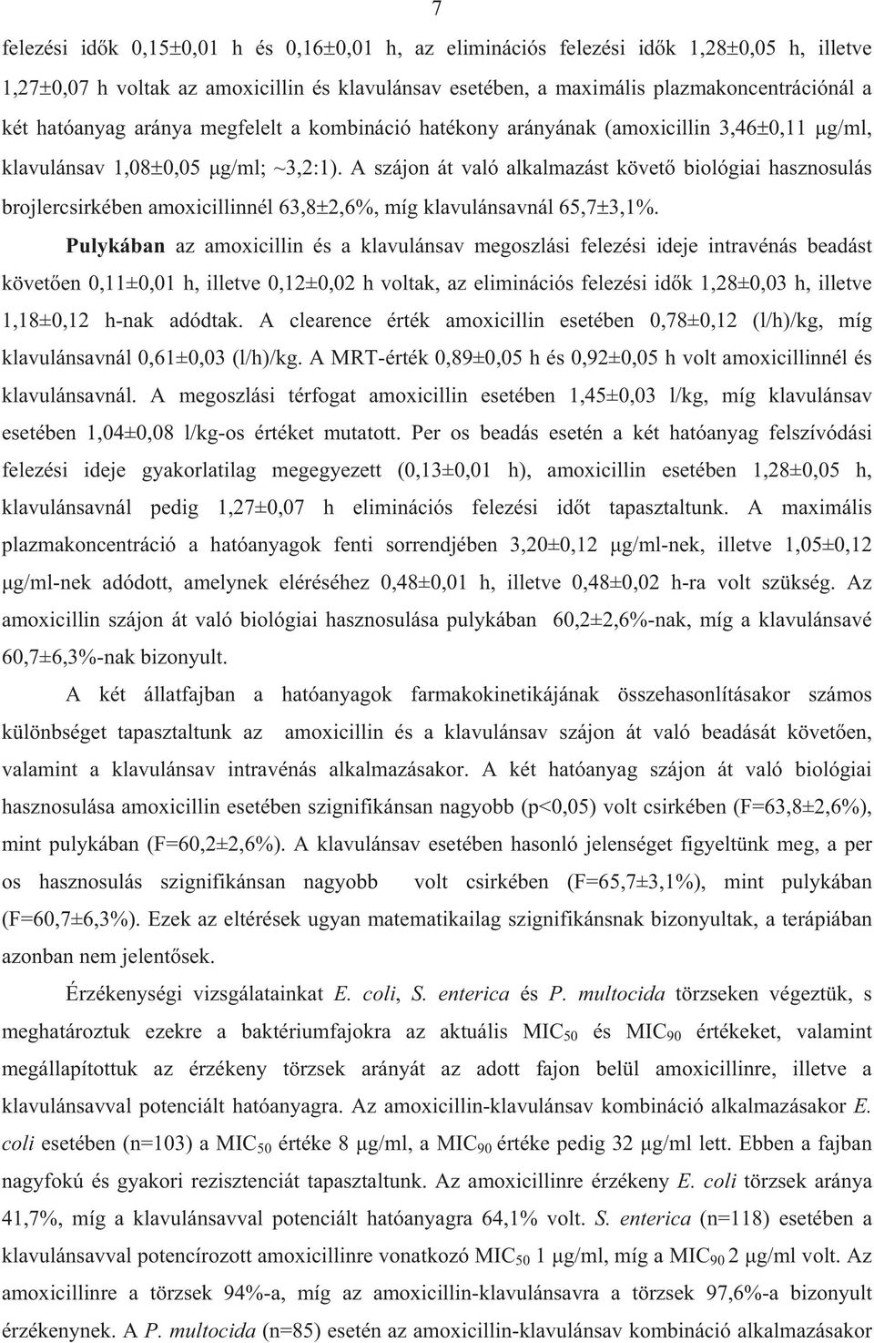 A szájon át való alkalmazást követ biológiai hasznosulás brojlercsirkében amoxicillinnél 63,8 2,6%, míg klavulánsavnál 65,7 3,1%.