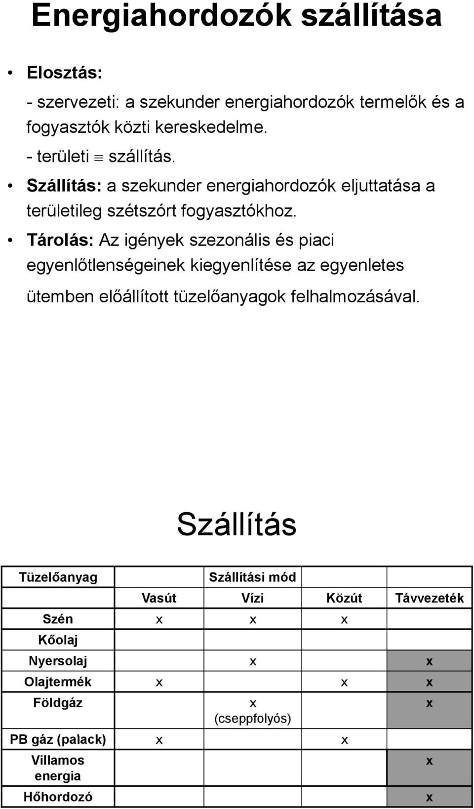 Tárolás: Az igények szezonális és piaci egyenlőtlenségeinek kiegyenlítése az egyenletes ütemben előállított tüzelőanyagok felhalmozásával.