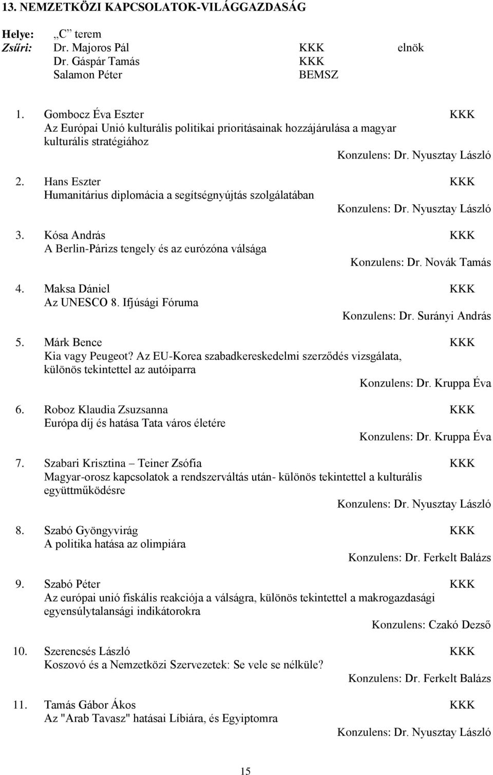 Hans Eszter KKK Humanitárius diplomácia a segítségnyújtás szolgálatában Konzulens: Dr. Nyusztay László 3. Kósa András KKK A Berlin-Párizs tengely és az eurózóna válsága Konzulens: Dr. Novák Tamás 4.