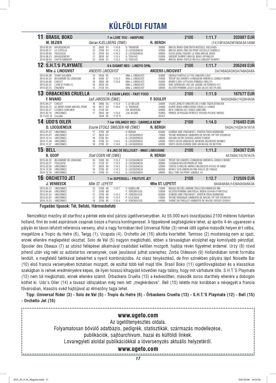 08.21 MAUQUENCHY 11 2850 02 1:15.4 O. TOUVAIS 25000 UNSERT DAIRPET-BRASIL BOKO-SPARKLER 2014.08.03 CHATEAUBRIANT 12 2400 01 1:15.2 O. TOUVAIS 18000 BRASIL BOKO-TOPAZE ROYALE-UNSERT DAIRPET 12 S.H.T.'S PLAYMATE 9 k GIGANT NEO - LINDYS OPAL 2100 1:11.