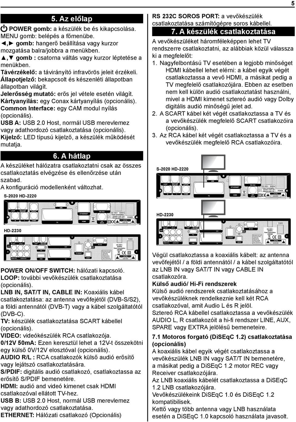 Jelerősség mutató: erős jel vétele esetén világít. Kártyanyílás: egy Conax kártyanyílás (opcionális). Common Interface: egy CAM modul nyílás (opcionális). USB A: USB 2.