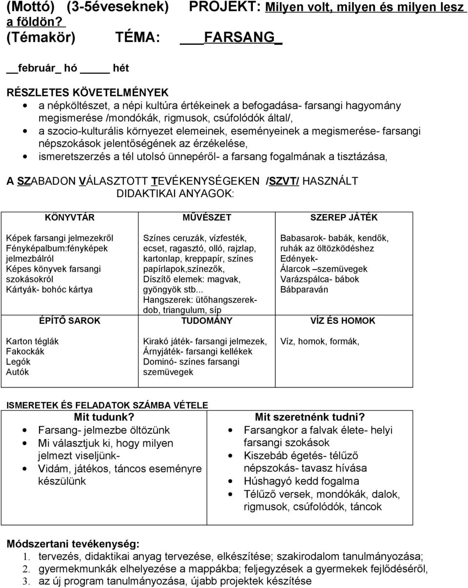 szocio-kulturális környezet elemeinek, eseményeinek a megismerése- farsangi népszokások jelentőségének az érzékelése, ismeretszerzés a tél utolsó ünnepéről- a farsang fogalmának a tisztázása, A