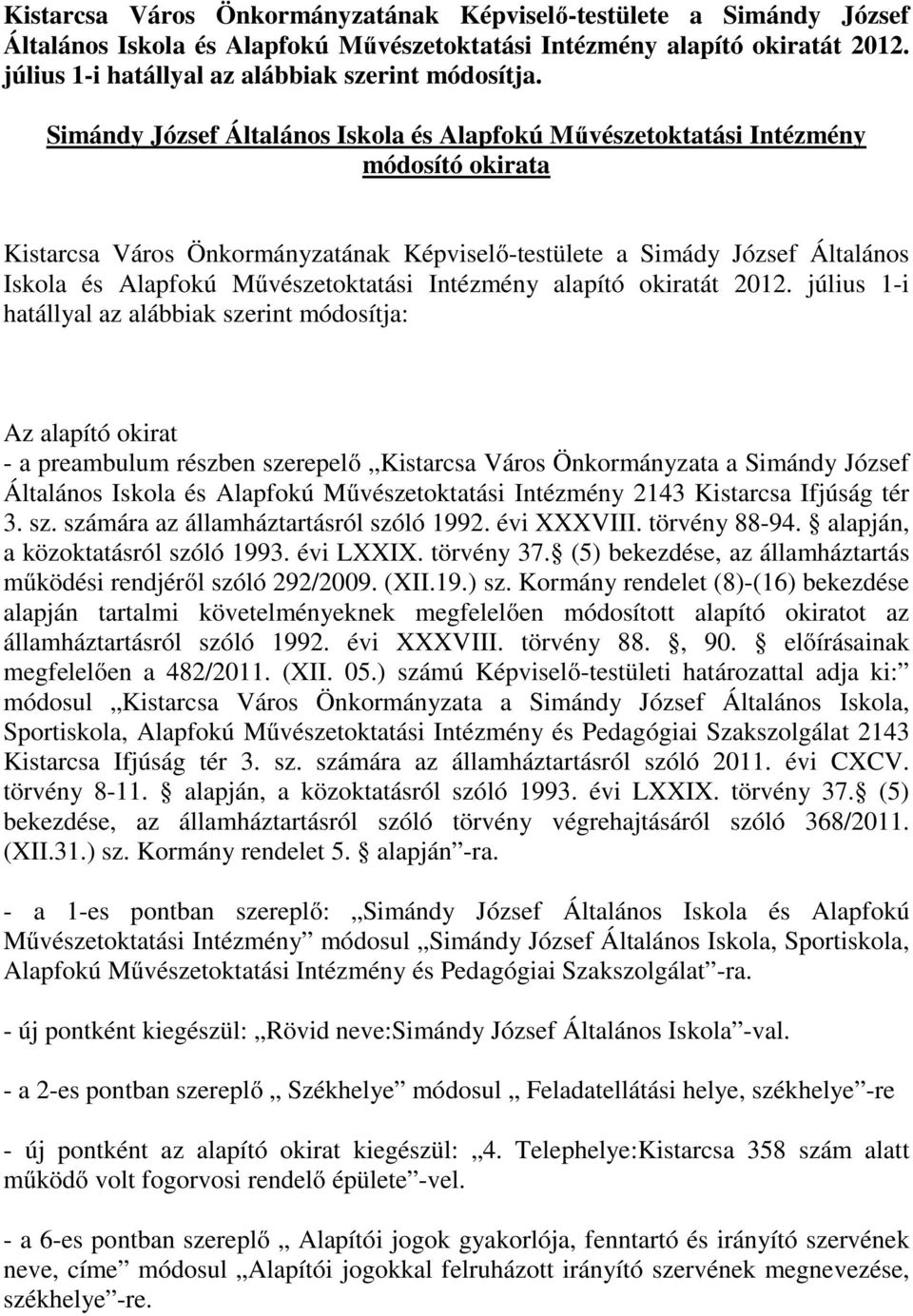 Művészetoktatási Intézmény alapító okiratát 2012.