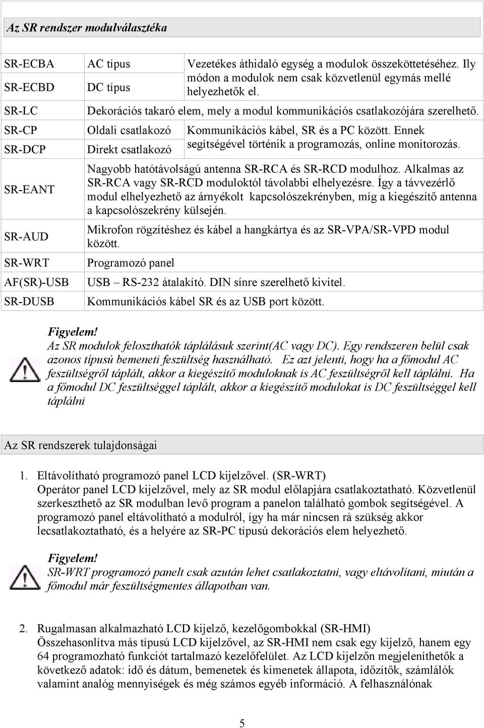SR-CP Oldali csatlakozó SR-DCP Direkt csatlakozó SR-EANT Nagyobb hatótávolságú antenna SR-RCA és SR-RCD modulhoz. Alkalmas az SR-RCA vagy SR-RCD moduloktól távolabbi elhelyezésre.