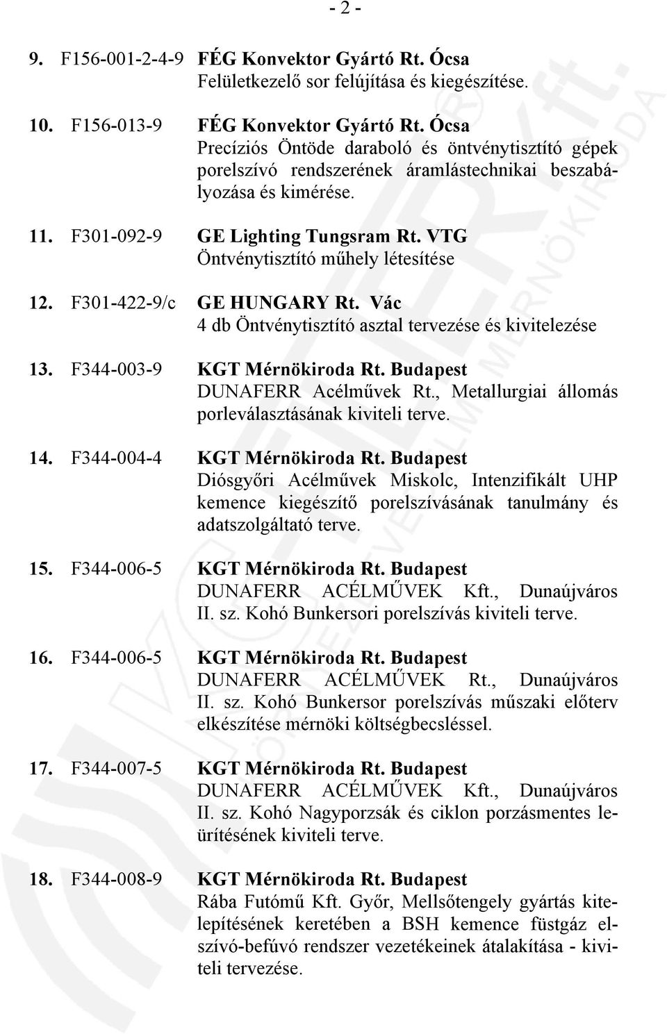 VTG Öntvénytisztító műhely létesítése 12. F301-422-9/c GE HUNGARY Rt. Vác 4 db Öntvénytisztító asztal tervezése és kivitelezése 13. F344-003-9 KGT Mérnökiroda Rt. Budapest DUNAFERR Acélművek Rt.