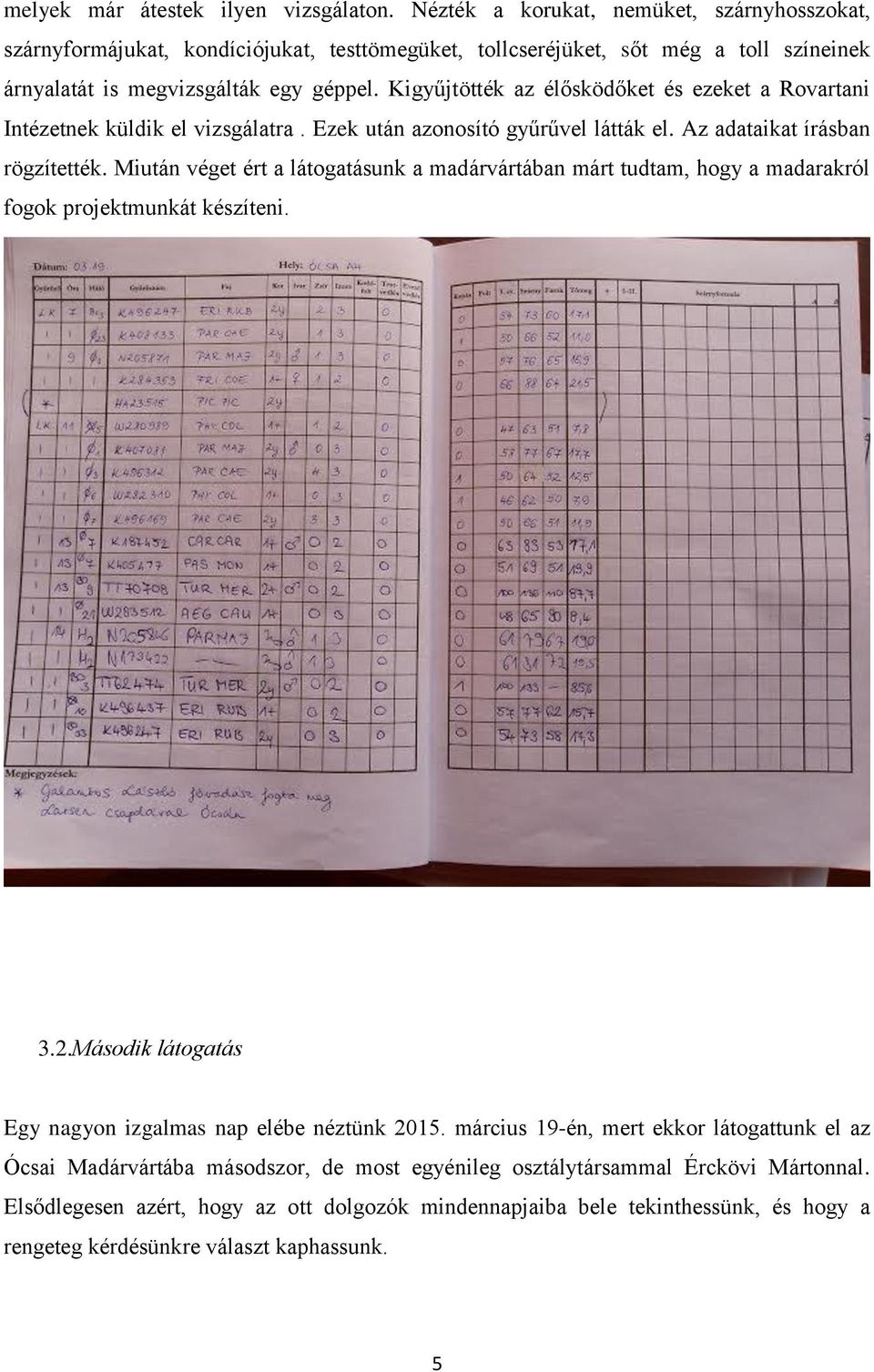 Kigyűjtötték az élősködőket és ezeket a Rovartani Intézetnek küldik el vizsgálatra. Ezek után azonosító gyűrűvel látták el. Az adataikat írásban rögzítették.