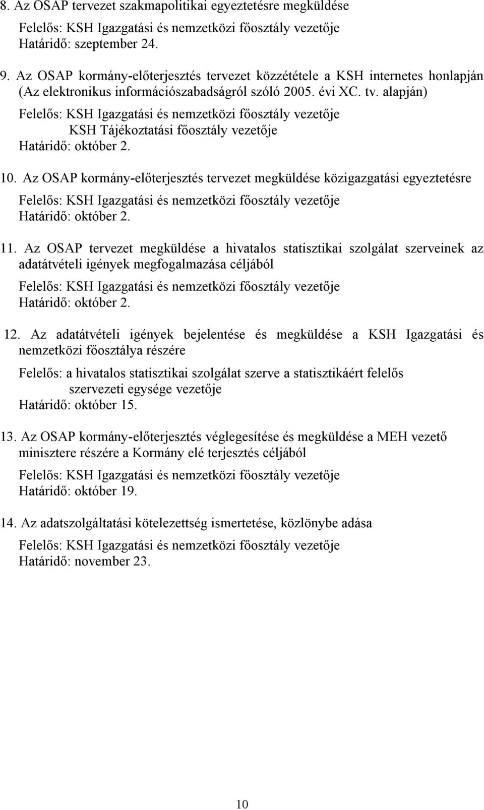 alapján) KSH Tájékoztatási főosztály vezetője Határidő: október 2. 10. Az OSAP kormány-előterjesztés tervezet megküldése közigazgatási egyeztetésre Határidő: október 2. 11.