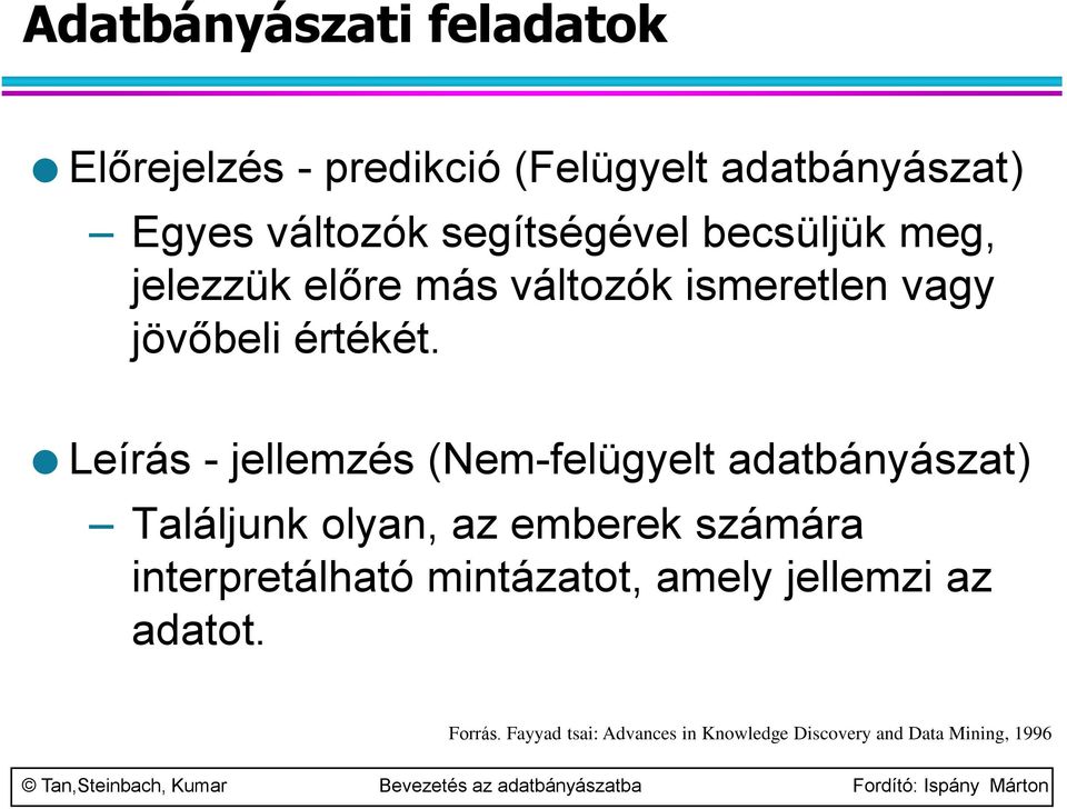 Leírás - jellemzés (Nem-felügyelt adatbányászat) Találjunk olyan, az emberek számára