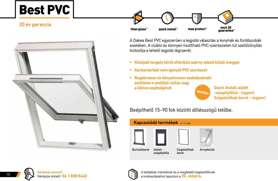 Középső tengely körül elforduló szárny edzett külső üveggel Karbantartást nem igénylő PVC szerkezet Rugalmasan és kényelmesen szabályozható szellőzés a szellőző nyílás vagy a kilincs