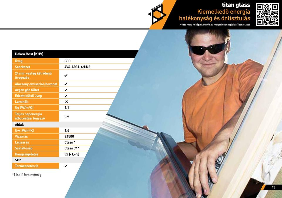 külső üveg Laminált Ug ( W/m 2 K ) 1.1 Teljes napenergia átbocsátási tényező 4V6-16G1-4H:N2 0.6 Ablak Uw ( W/m 2 K ) 1.