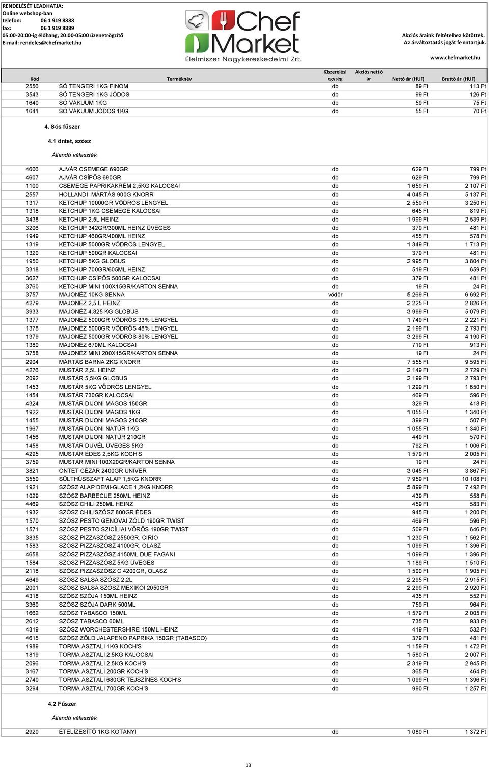 Ft 5 137 Ft 1317 KETCHUP 10000GR VÖDRÖS LENGYEL db 2 559 Ft 3 250 Ft 1318 KETCHUP 1KG CSEMEGE KALOCSAI db 645 Ft 819 Ft 3438 KETCHUP 2,5L HEINZ db 1 999 Ft 2 539 Ft 3206 KETCHUP 342GR/300ML HEINZ