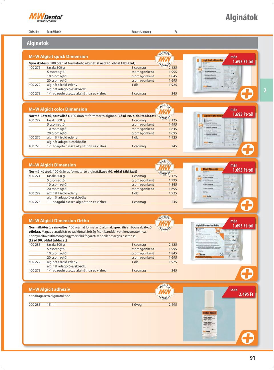 695 Ft-tól M+W Algicit color Dimension Normálkötésű, színváltós, 100 órán át formatartó alginát. (Lásd 90. oldal táblázat) 400 77 tasak: 500 g 1 csomag.15 5 csomagtól csomagonként 1.