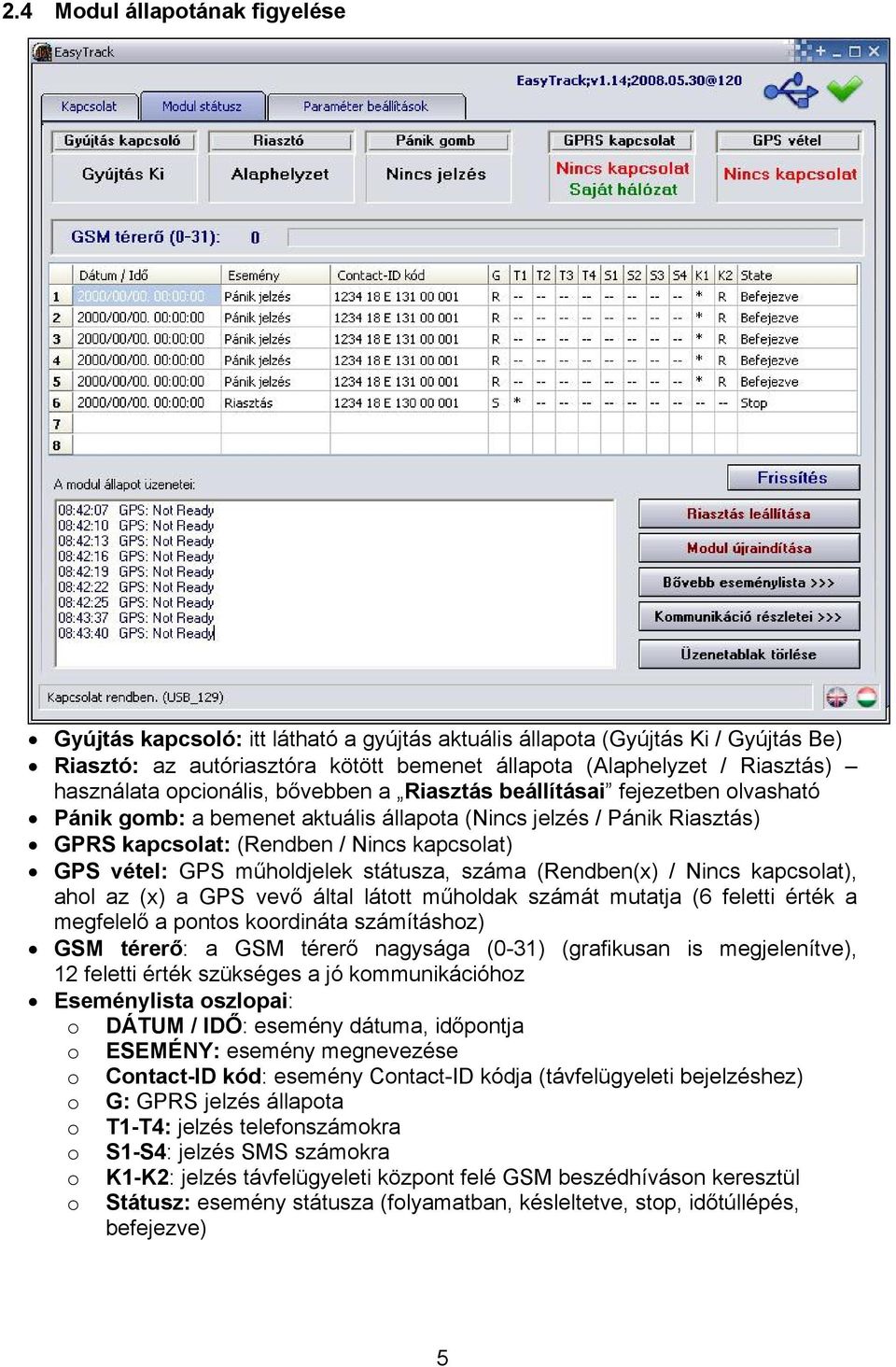 vétel: GPS műholdjelek státusza, száma (Rendben(x) / Nincs kapcsolat), ahol az (x) a GPS vevő által látott műholdak számát mutatja (6 feletti érték a megfelelő a pontos koordináta számításhoz) GSM