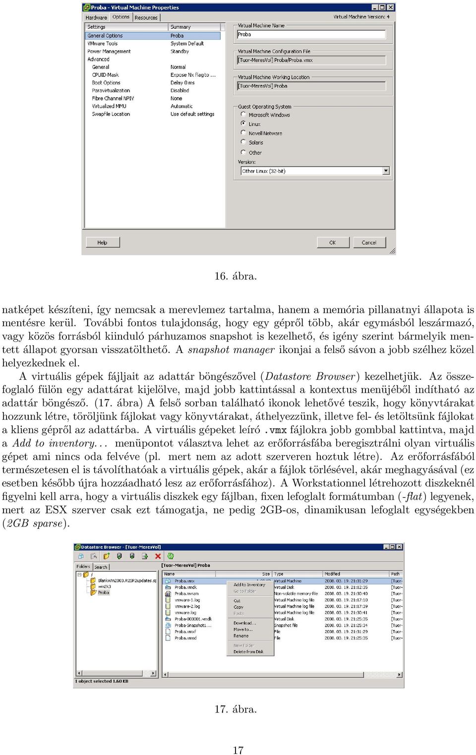 visszatölthető. A snapshot manager ikonjai a felső sávon a jobb szélhez közel helyezkednek el. A virtuális gépek fájljait az adattár böngészővel (Datastore Browser) kezelhetjük.